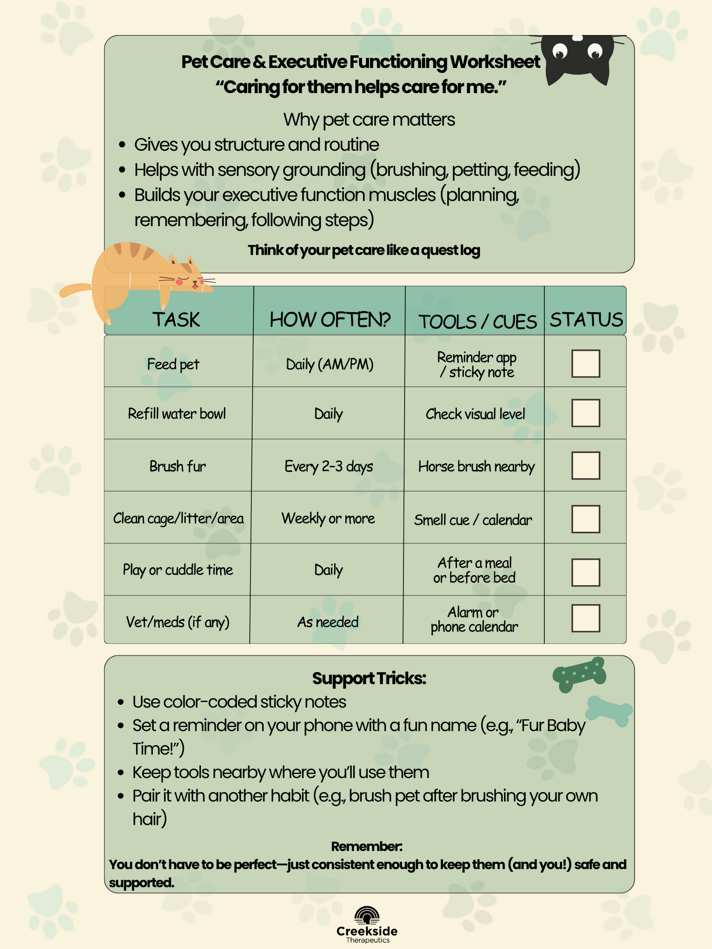 Pet Care Quest Log: Executive Functioning & ADHD Worksheet