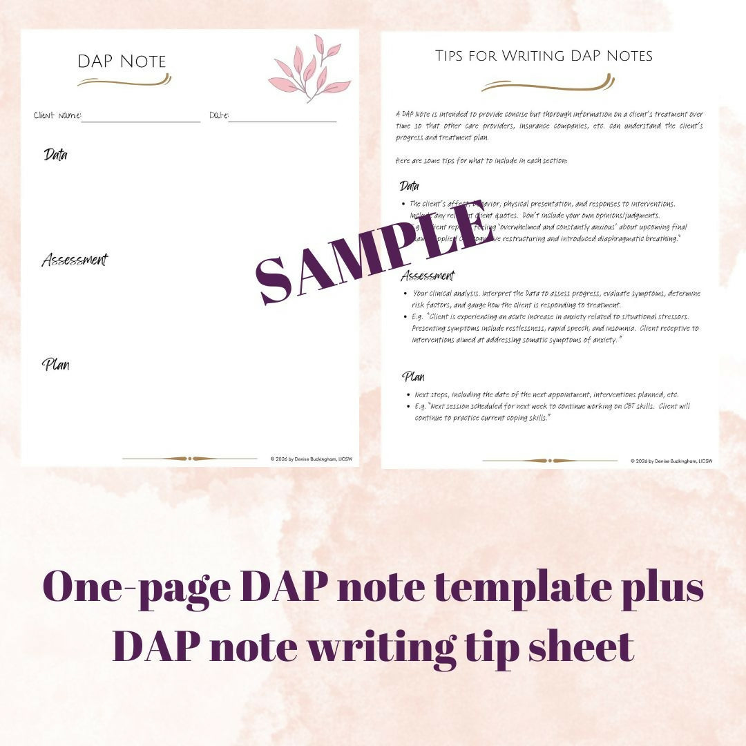 DAP Note Template for Therapists | Fillable PDF + Documentation Guide | Editable Progress Note Template for Mental Health Clinicians