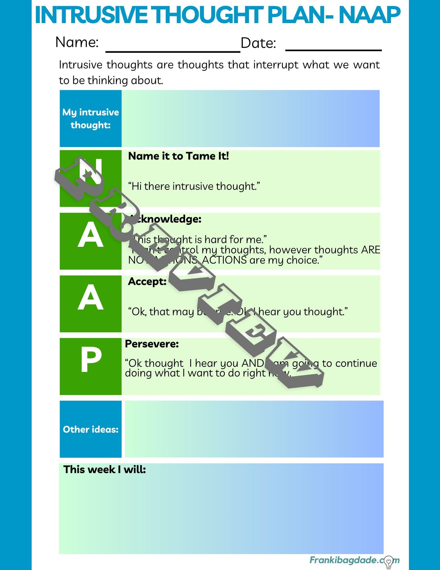 Intrusive Thought Technique Worksheet N.A.A.P: Name, Acknowledge, Accept, Persevere