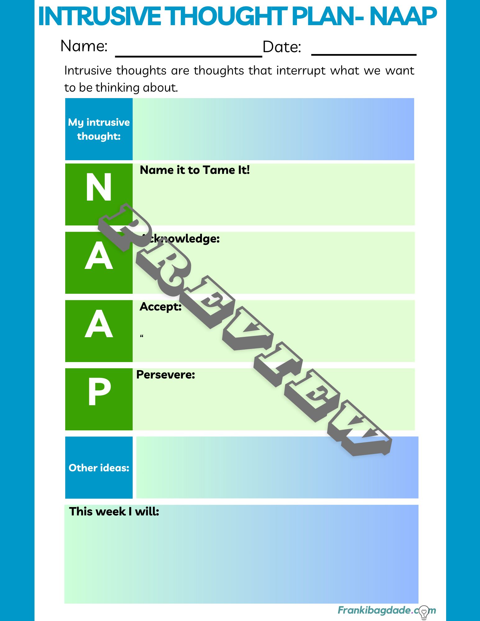Intrusive Thought Technique Worksheet N.A.A.P: Name, Acknowledge, Acce