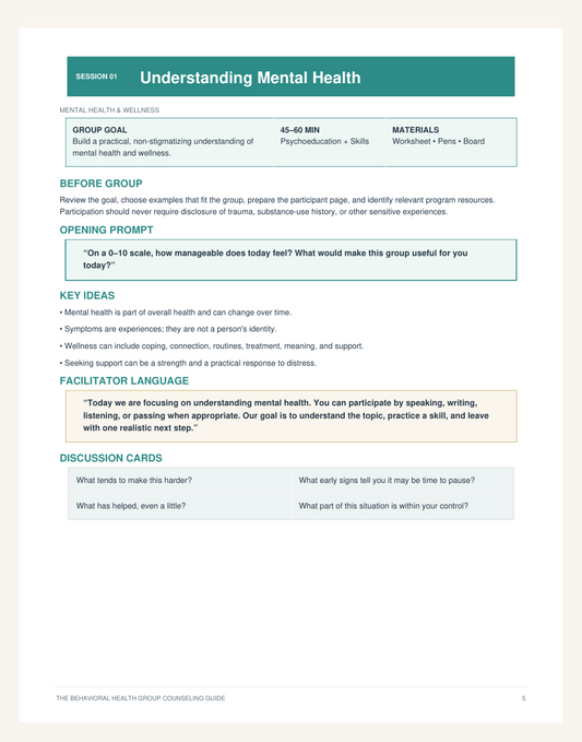 Behavioral Health Group Counseling Guide: 30 Mental Health & Substance Use Sessions + Worksheets