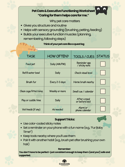 Pet Care Quest Log: Executive Functioning & ADHD Worksheet