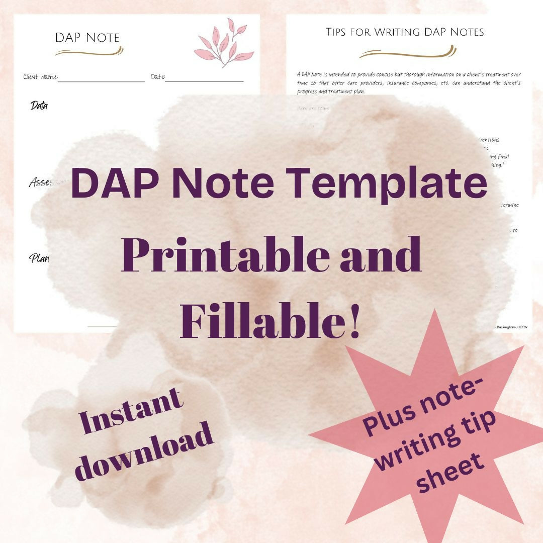 DAP Note Template for Therapists | Fillable PDF + Documentation Guide | Editable Progress Note Template for Mental Health Clinicians
