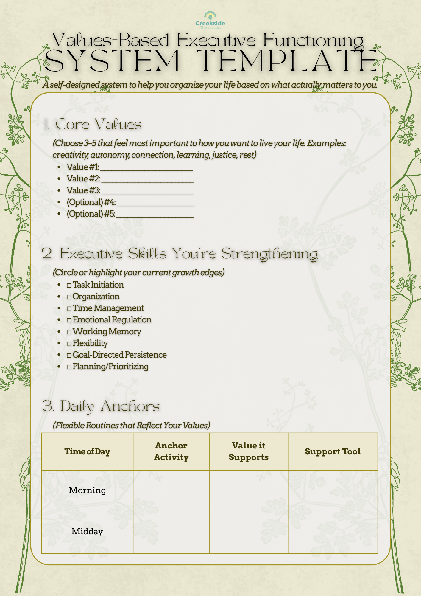 Values-Based Executive Functioning System Template