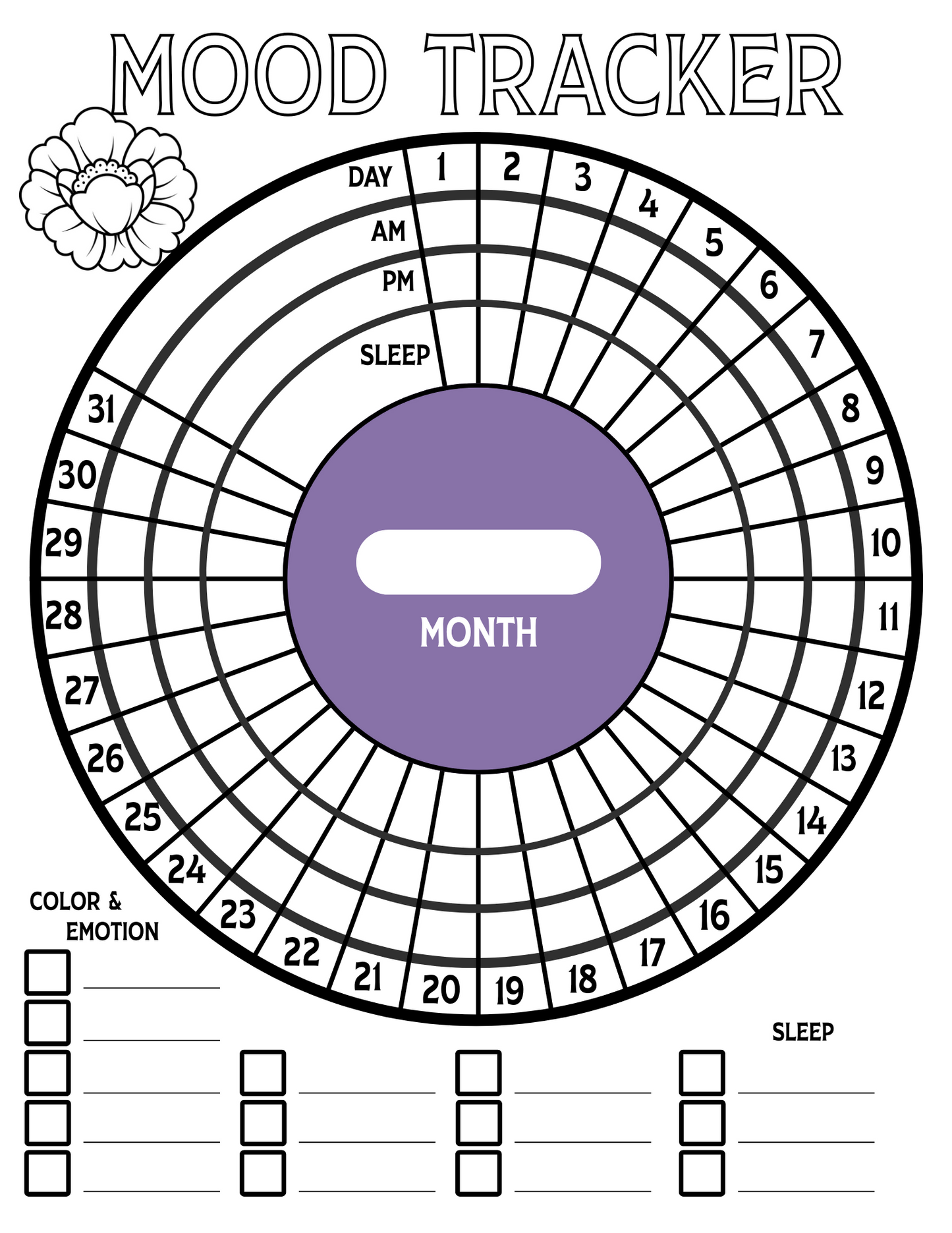 Monthly Mood & Sleep Coloring Tracker