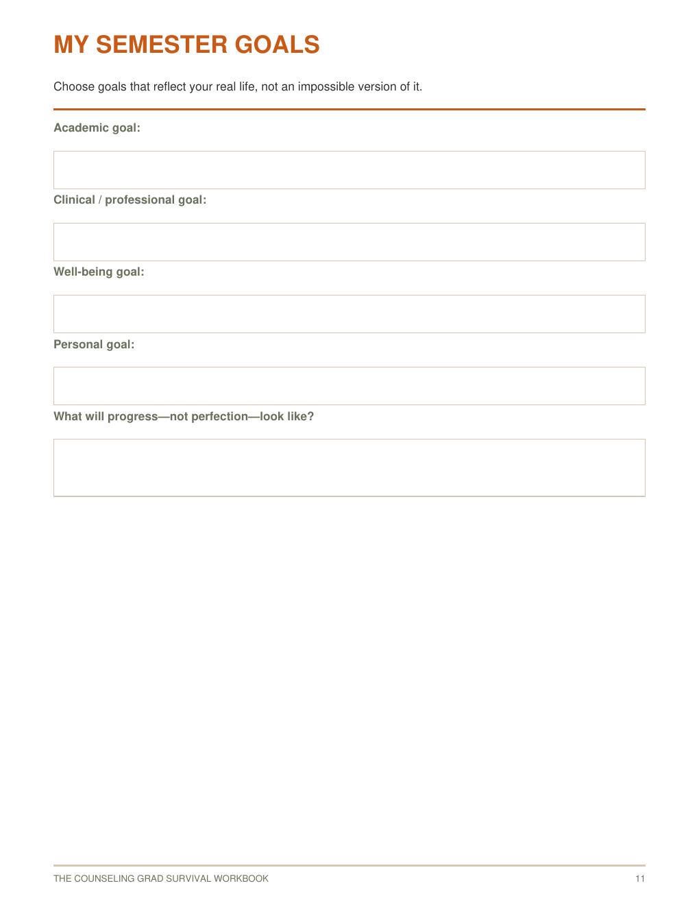 The Counseling Grad Survival Workbook | 47-Page Fillable Workbook for Counseling Graduate Students