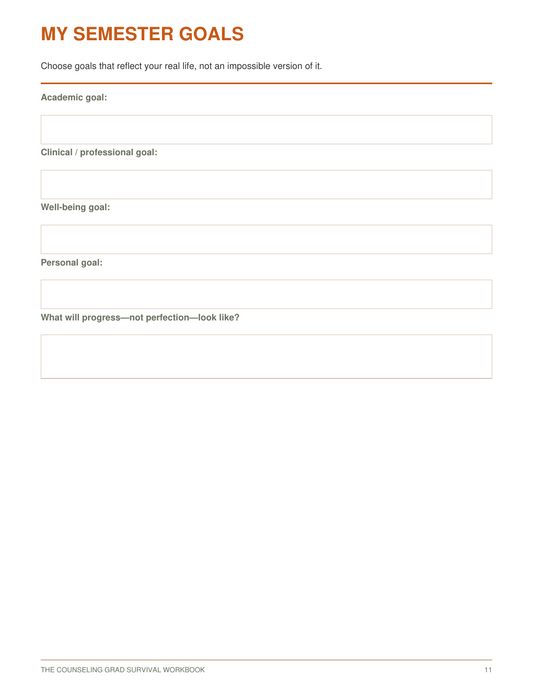 The Counseling Grad Survival Workbook | 47-Page Fillable Workbook for Counseling Graduate Students