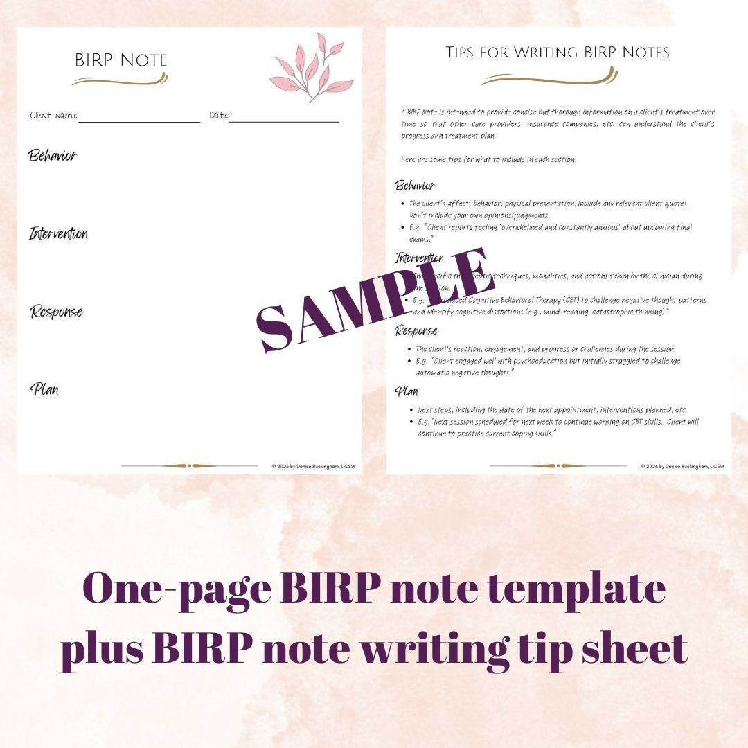 BIRP Note Template for Therapists | Fillable PDF + Documentation Guide | Editable Progress Note for Mental Health Clinicians