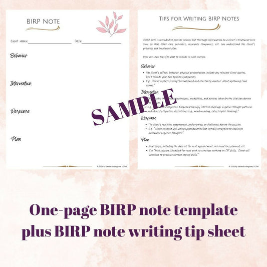 BIRP Note Template for Therapists | Fillable PDF + Documentation Guide | Editable Progress Note for Mental Health Clinicians