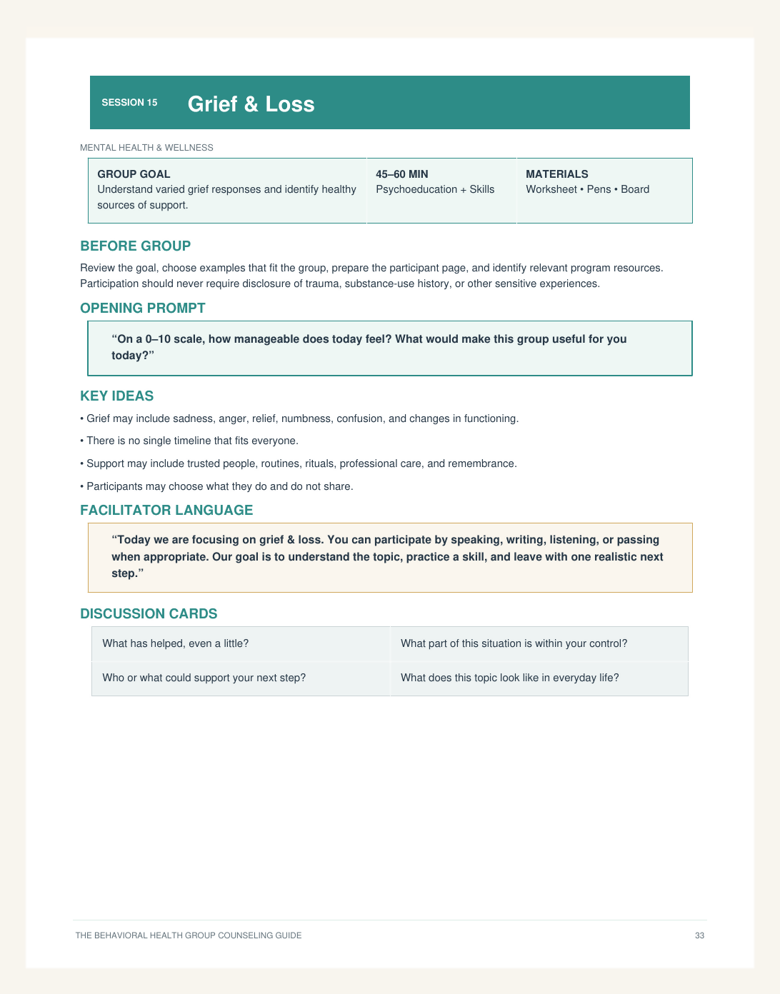 Behavioral Health Group Counseling Guide: 30 Mental Health & Substance Use Sessions + Worksheets