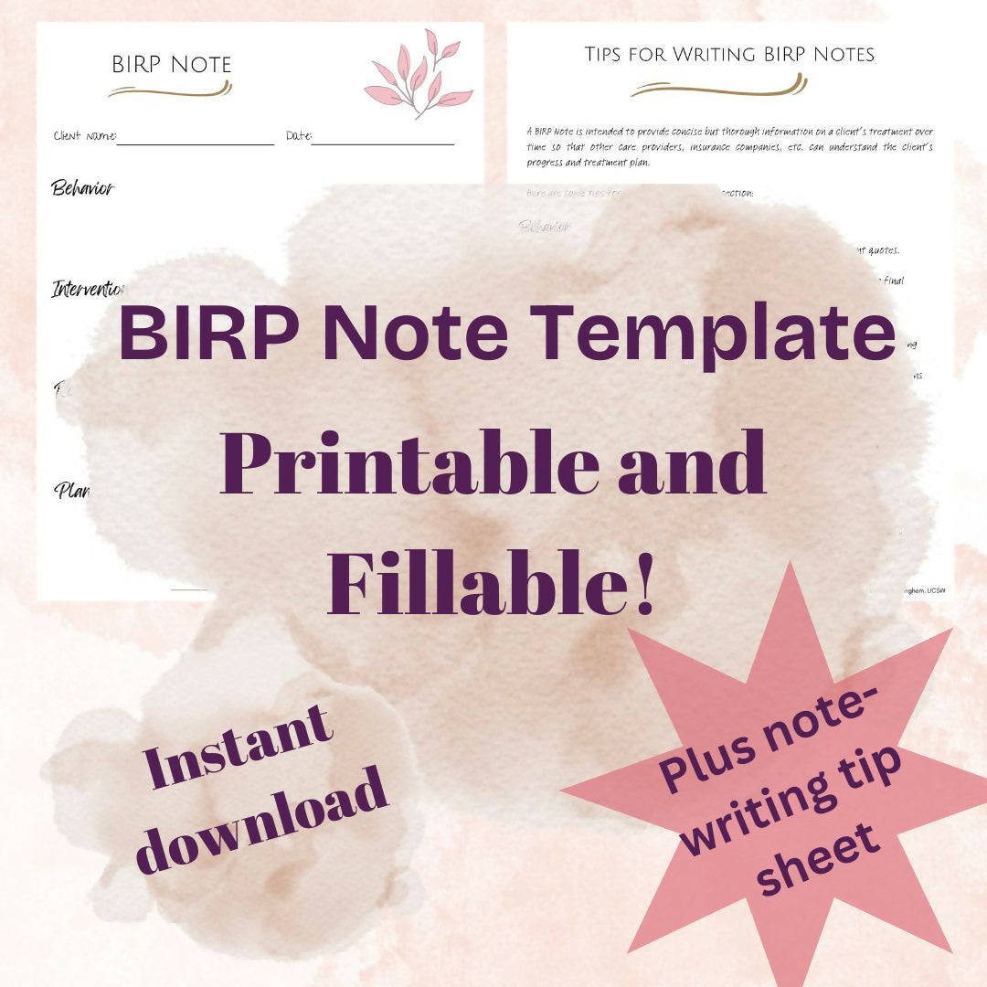 BIRP Note Template for Therapists | Fillable PDF + Documentation Guide | Editable Progress Note for Mental Health Clinicians
