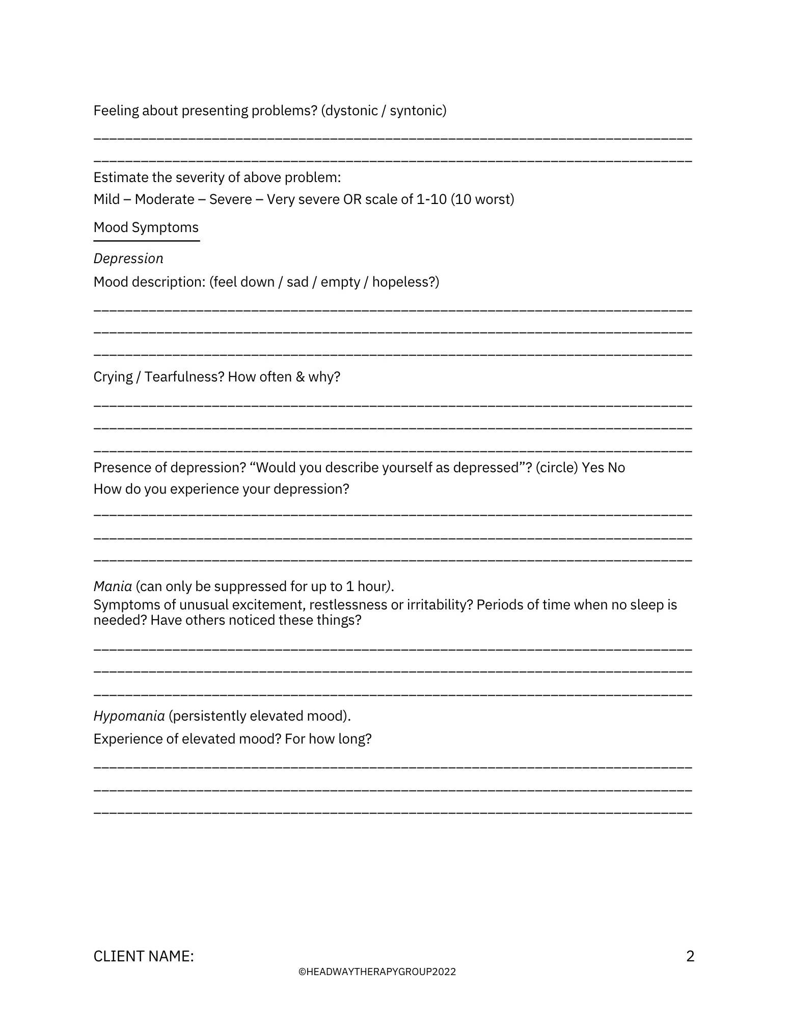 New Therapy Client Initial Intake Assessment