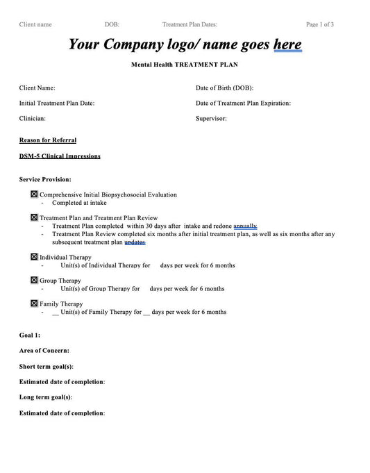 Pediatric Mental Health Treatment Plan Template